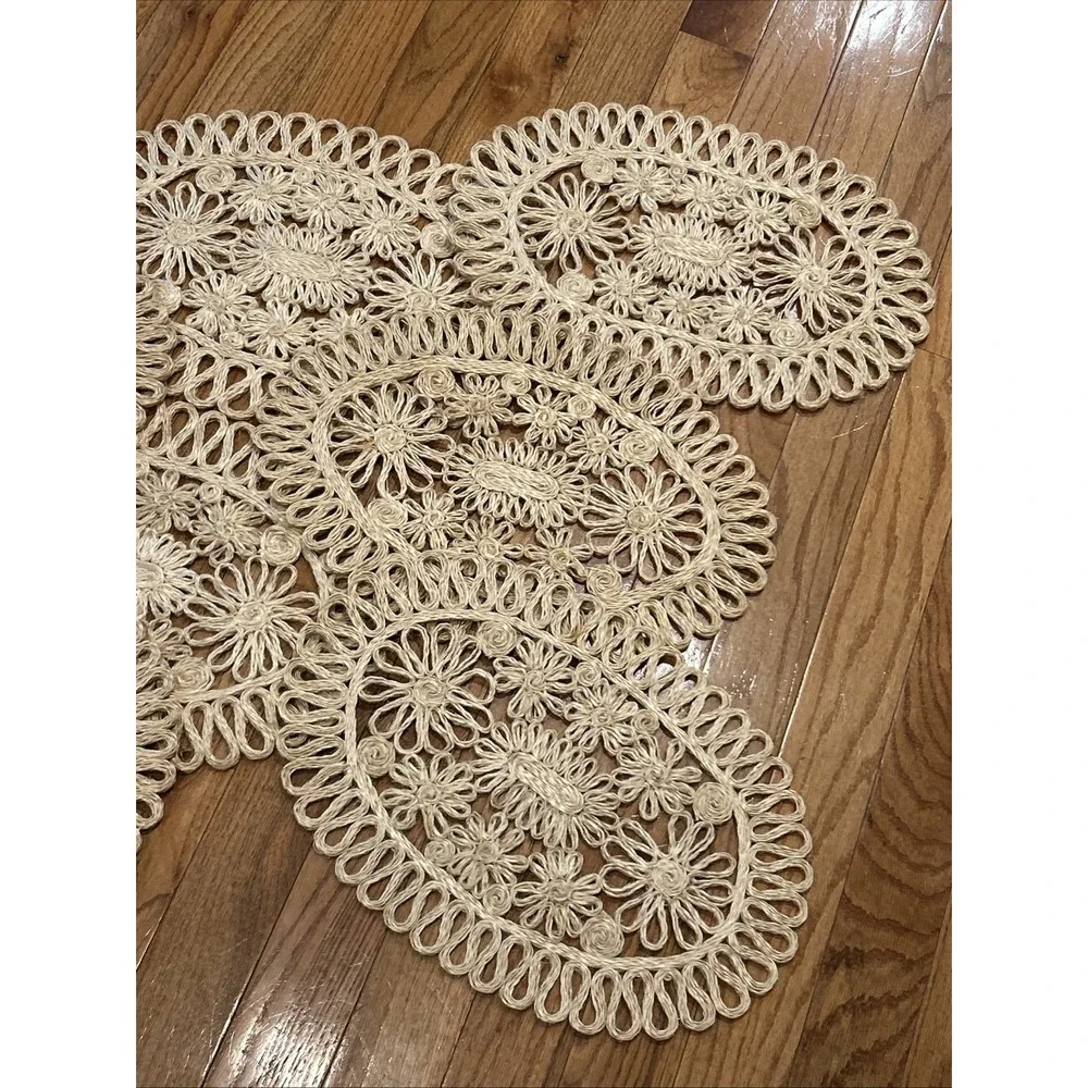 Set Of 7 Vintage Abaca Hemp Centerpiece Placemats Woven Floral Scrolled MCM Boho